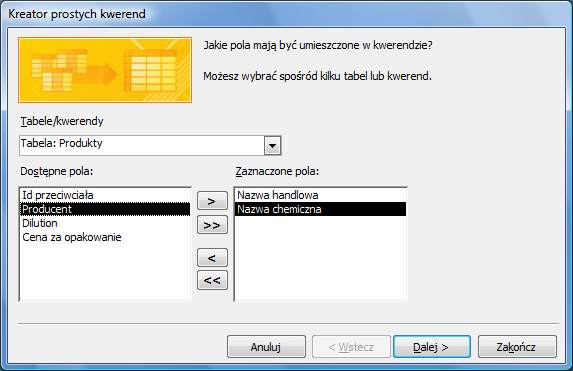 W kolejnym oknie kreatora wybieramy potrzebne nam tabele z menu Tabele/kwerendy oraz pola tabel, po czym klikamy na przycisk Dalej. Następnie nadajemy tworzonej kwerendzie nazwę.