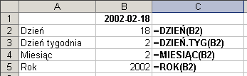 DATA(rok;miesiąc;dzień) Funkcja wymaga podania wszystkich trzech argumentów, reprezentujących kolejno rok, miesiąc i dzień wybranej daty.