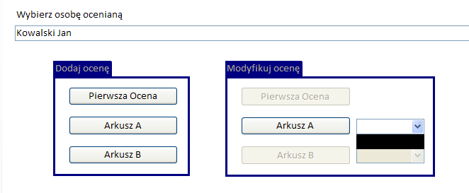 Formularze służące do modyfikacji oceny okresowej (arkusz A i B) wyglądają analogicznie, jak formularze służące do sporządzania ocen okresowych.