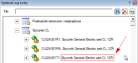 57. Panel Symbole wg kodu ma dodatkową własność pozwalająca wyświetlić opis urządzenia po jego kodzie katalogowym.