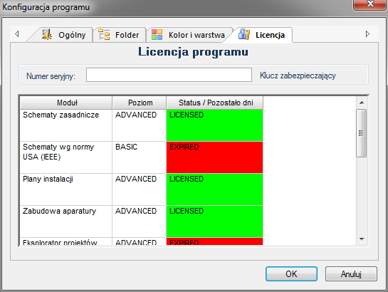 A POZIOM BASIC A.1. INSTALACJA I LICENCJA 1. Licencja chroniona kluczem software owym 2. Informacja o kluczu sprzętowym pokazuje moduły objęte licencją i datę ustania licencji. 3.