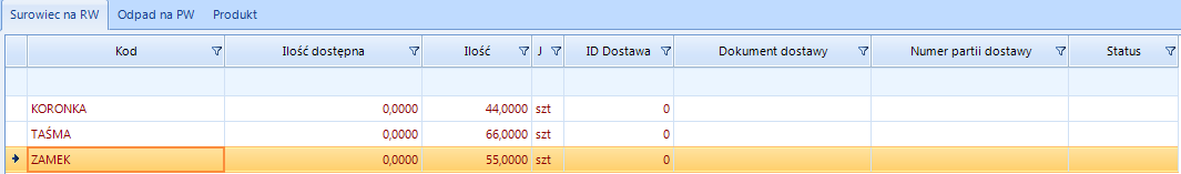 Domyślnie lista zawiera tylko te surowce, które znajdują się w Technologii, z której powstało Zlecenie.