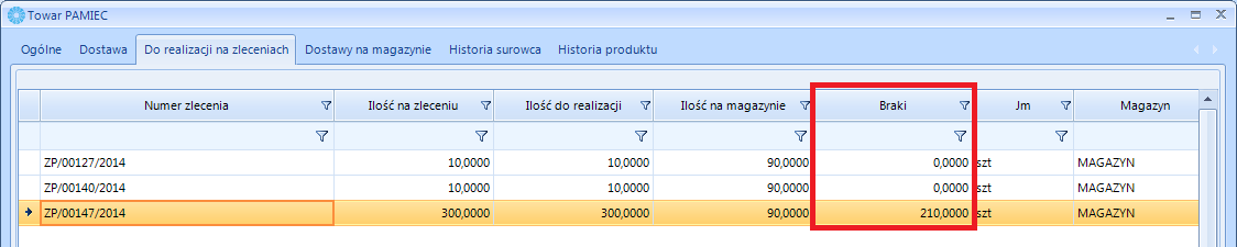 Na liście braków surowców również widać surowce wraz z ilością jakiej brakuje: Jeżeli w części Wg zleceń nie zamkniętych nie zostanie wybrane zlecenie, zostaną pokazane braki wszystkich surowców na