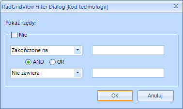 Po kliknięciu w wybrany filtr wyświetli się okienko: Należy wybrać z listy rozwijanej filtr, a następnie wpisać szukaną wartość w polu tekstowym.