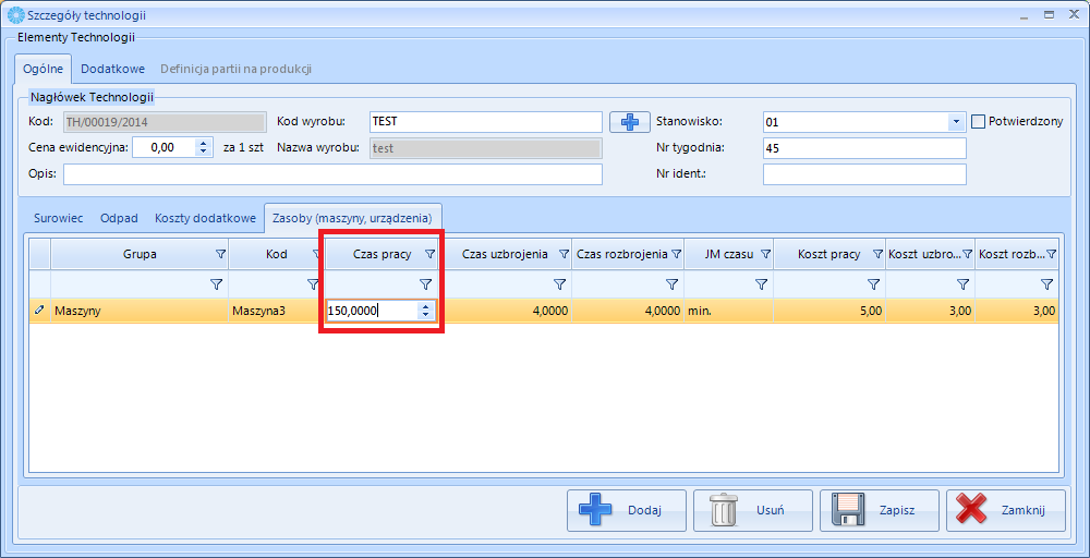 Po dodaniu surowców/odpadów/kosztów dodatkowych można dodać do technologii zasoby (jeżeli w konfiguracji programu została zaznaczona ta opcja patrz punkt 7.2.3).