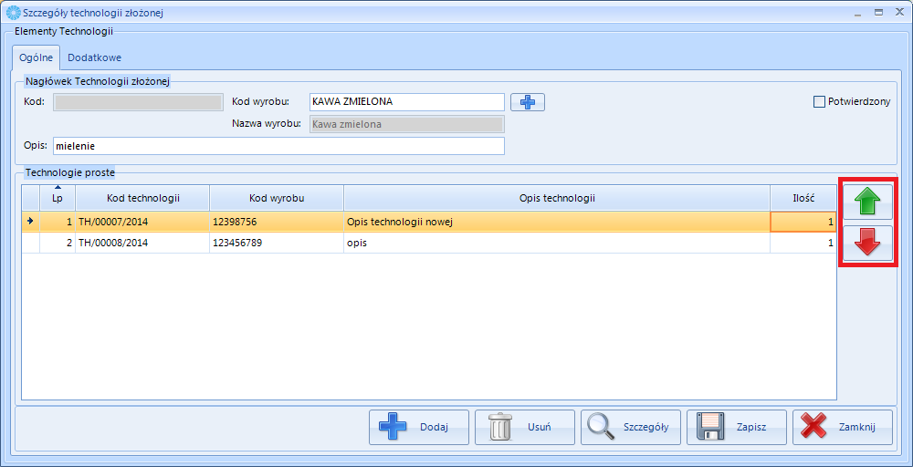 Na tym etapie można dodawać, usuwać oraz oglądać szczegóły wszystkich technologii (patrz punkt 8.4). Aby dodać technologię do zlecenia należy ją wybrać i kliknąć.