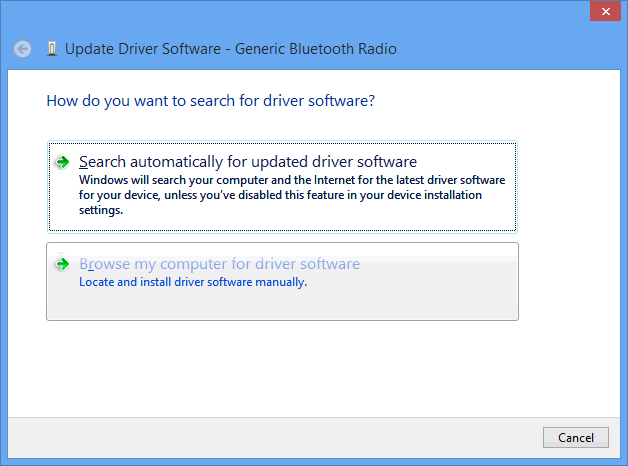 5. Kliknij prawym przyciskiem myszki na Generic Bluetooth Radio i wybierz Aktualizacja oprogramowania sterownika (Update Driver Software). 6.