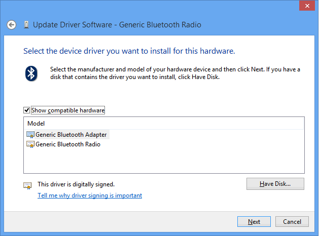 7. Wybierz opcję Pozwól mi wybrać z listy sterowników urządzeń na moim komputerze (Let me pick from a list of device drivers on my computer) i wciśnij przycisk Dalej (Next). 8.