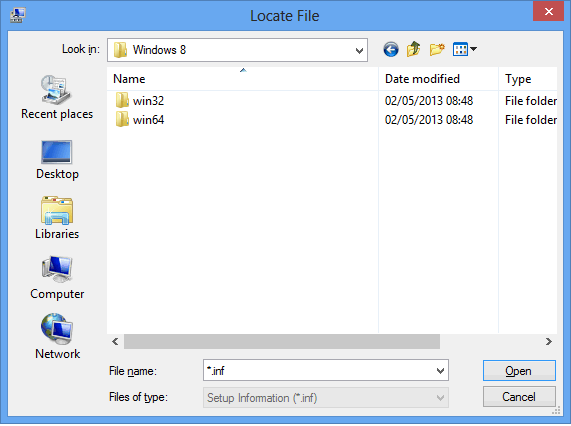 9. Naciśnij przycisk Przeglądaj... (Browse...). 10. Dwa rodzaje sterowników są umieszczone w katalogu: C:\Program Files\i-Node\Drivers\Windows 8.