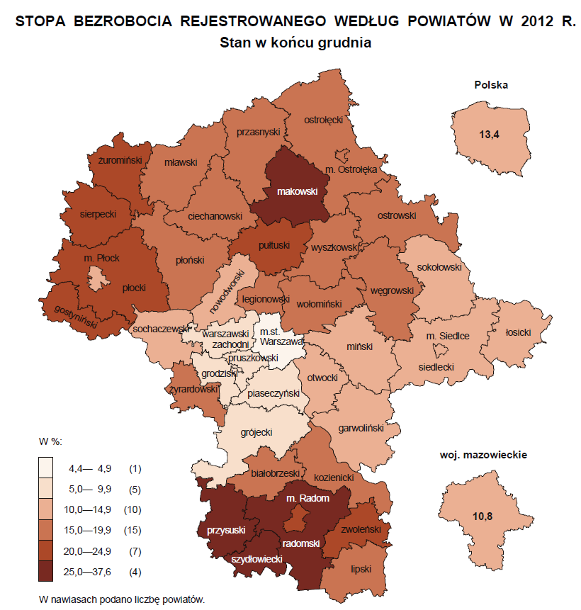 Mapa 1. Stopa bezrobocia rejestrowanego w woj. mazowieckim według powiatów w 2012 r. Źródło: Komunikat o sytuacji społeczno-gospodarczej województwa mazowieckiego w grudniu 2012 r.