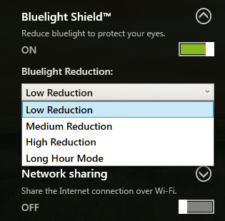 Pozycja Opis 1 2 3 4 Niska redukcja Średnia redukcja Wysoka redukcja Tryb długiej pracy Obniża emisję niebieskiego światła z podświetlonego diodami LED ekranu o od 10% do 25% w celu zapewnienia