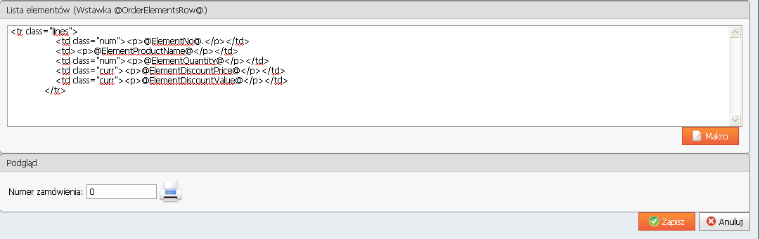 Str. 176 Moduł isklep24 v. 6.2 Przy definiowaniu Wstawki Lista elementów można korzystać z predefiniowanych makr: @ElementNo@ - Lp.