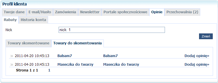 Podręcznik Użytkownika systemu Comarch OPT!MA Str. 279 Rys. 400 Plugin Profil klienta, Zakładka Opinie, Towary do skomentowania.