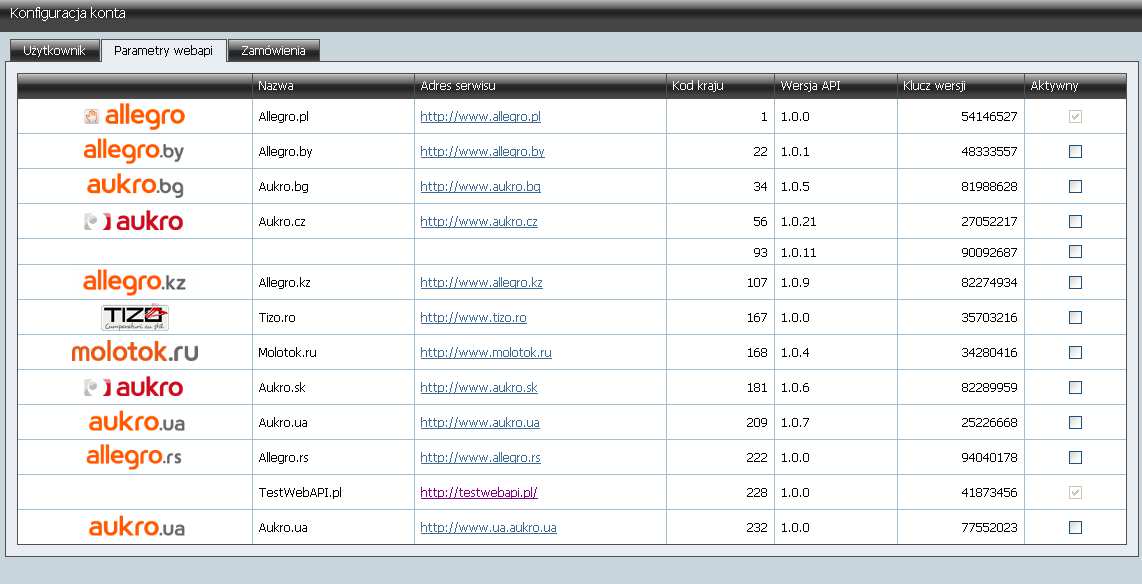 Str. 40 Moduł isklep24 v. 6.2 Rys. 47 Panel administracyjny, Allegro, Konfiguracja konta, zakładka Parametry webapi. Uwaga: Serwis Allegro.pl oraz TestWebAPI.pl są zawsze aktywne.