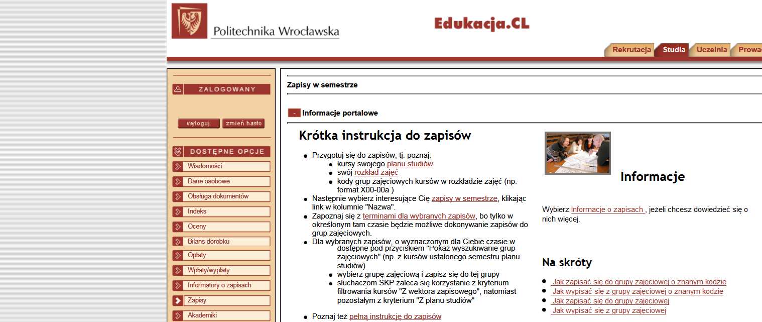 V. Strona Zapisy w semestrze 1.