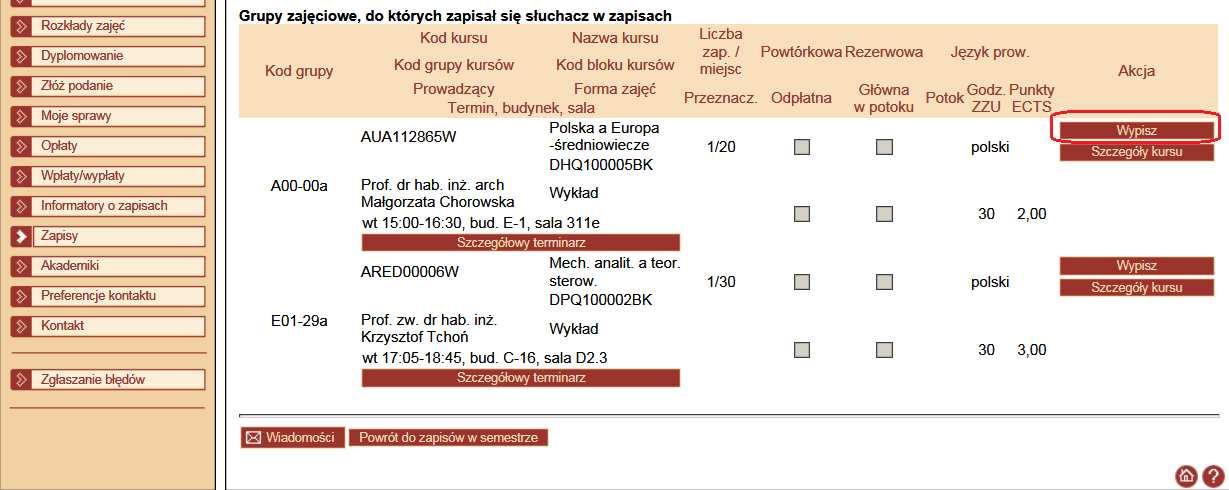 wpisanie kodu grupy i użycie klawisza [Wypisz]. 2.