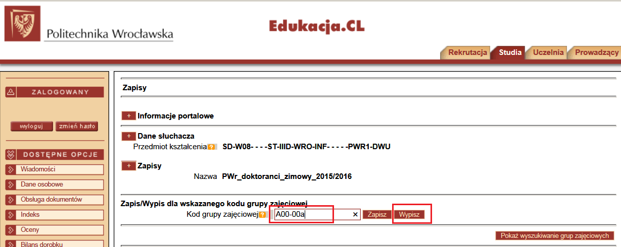 IX. Wypisywanie się z grupy zajęciowej 1.