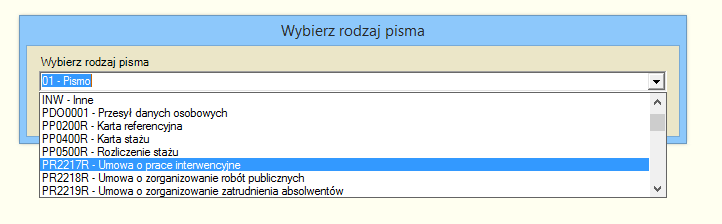 Domyślny kod rodzaju pisma Kod rodzaju pisma zostaje domyślnie ustawiony na INW lub INP