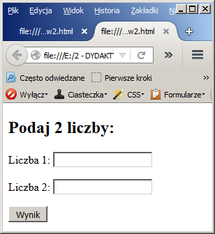 PHP funkcje (2) function modul($liczba) { if ($liczba < 0) $liczba = -$liczba; return $liczba; } $wynik = modul(-15); echo $wynik; include 'nazwa_pliku ; (http://www.php.net/manual/pl) form1.