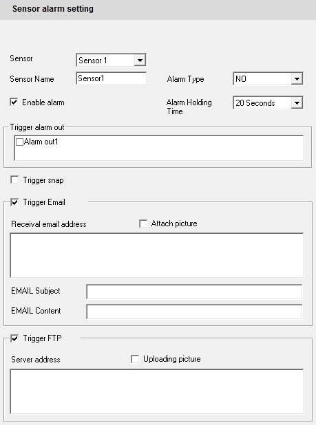 NVIP-3000 series 4 MPX IP camera user s manual USING AND CONFIGURING 3.8.4 Alarm Input Trigger Enter Alarm Config" -> "Alarm Input Trigger". 1.