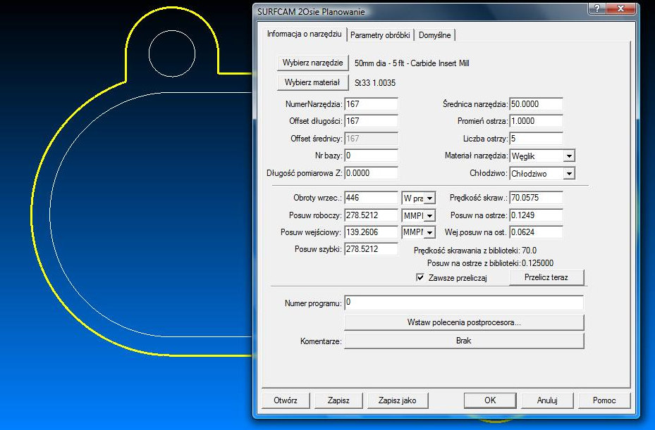 Rysunek wykonany w programie Auto CAD został przeniesiony do programu Serf CAM Po tych etapach przyszedł czas na przygotowanie programu do wirtualnej obróbki powierzchni oraz do wygenerowania kodu NC