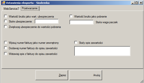 Zakładka ta pozwala nam na ustawienie parametrów eksportu do aplikacji Siódemki WebMobile7 Poszczególne pola oznaczają (pola które koniecznie trzeba uzupełnić zostały pokreślone): Numer klienta numer