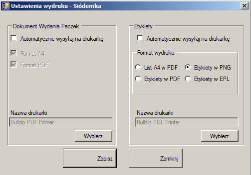 Automatycznie wysyłaj na drukarkę po zaznaczeniu tego checkbox'a plik otrzymany z WebService7 zostanie automatycznie przesłany do drukarki (wymagany jest wybór drukarki) Nazwa drukarki w tym polu