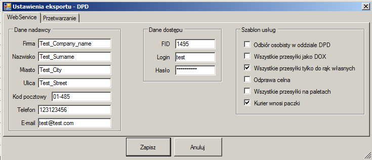 3.3.1 Menu DPD Eksport Po kliknięciu na te menu zostanie wyświetlona formatka ustawień dostępu do usługi Web Service DPD oraz szablon usług.