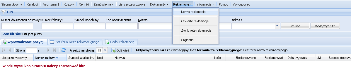 Nowa reklamacja wyszukanie pozycji Filtrowanie wg listu dostawy, np. VD211102035647 Filtrowanie wg symbolu np.