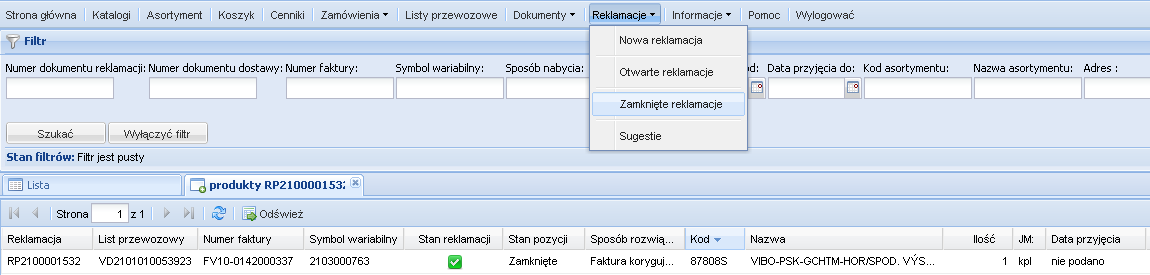 Rozwiązane reklamacje Numer reklamacji klienta Numer reklamacji Demos Wyświetlenie pozycji Stan