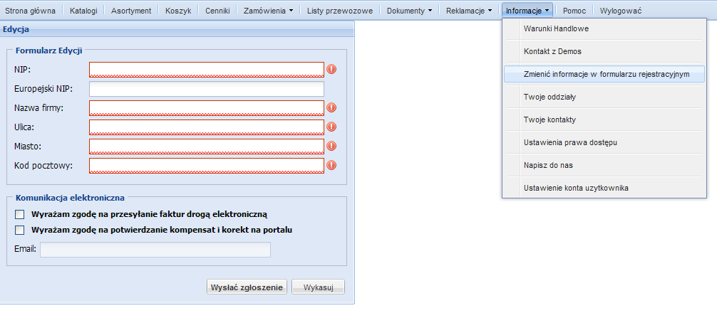 Rejestracja Możliwość zmiany danych rejestracyjnych Zgoda na wysyłanie faktur