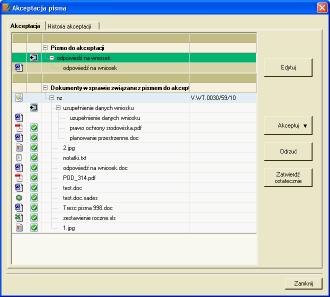 W widoku zakładki "Akceptacja" wyświetlone zostaną kolejno: treść pisma, które zostało przekazane do akceptacji załączniki pisma, które zostało przekazane do akceptacji treści pism w sprawie (jeśli