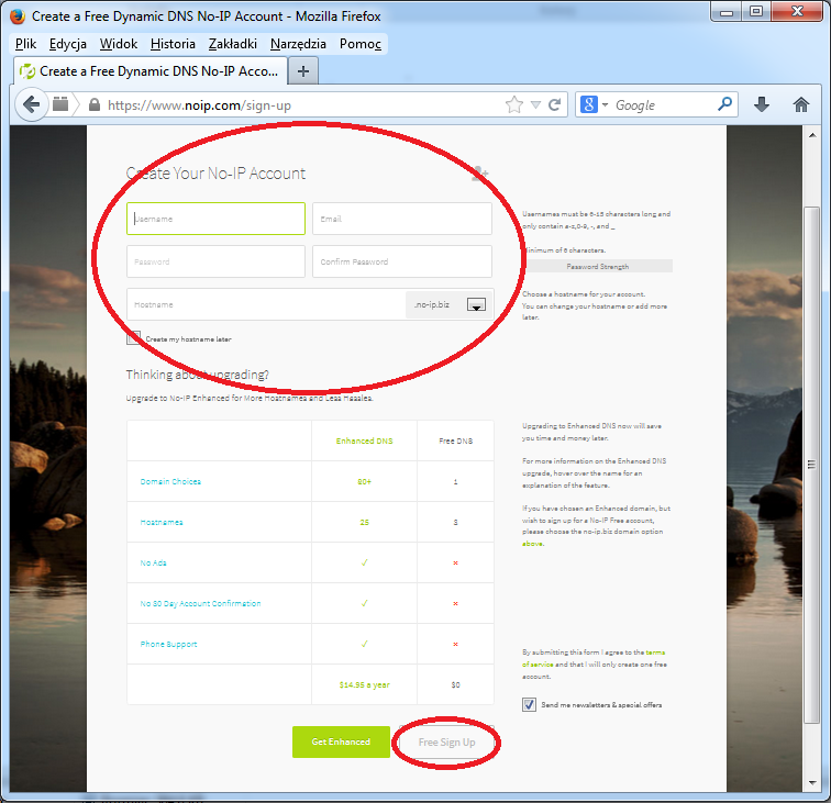 internetowej np. www.pilotinternetowy.no-ip.biz zamiast 87.251.243.122:8080. Wejdź na stronę www.noip.com i wcieśnij przycisk Sign UP.