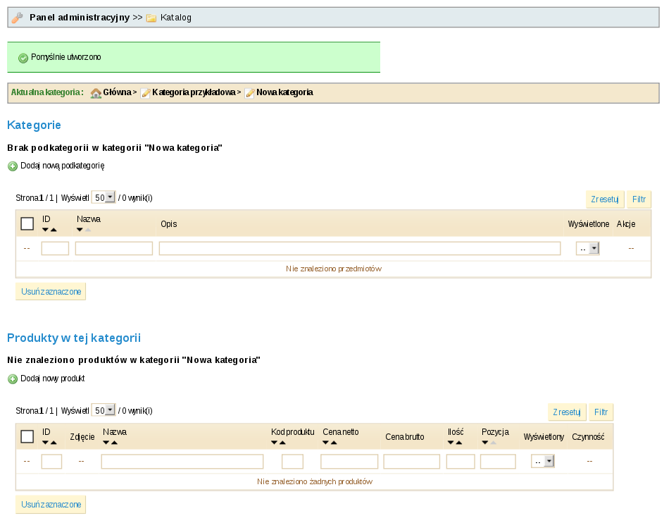 Poniżej znajduję się znaczenie poszczególnych pól do wprowadzenia: Nazwa Nazwa kategorii do utworzenia Wyświetlane Czy kategoria ma być widoczna dla klientów Nadrzędna kategoria Pole wyboru kategorii