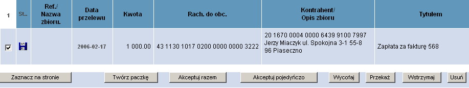 Rysunek 57 Okno przelewu podpis Po prawidłowym podpisie pojawi się komunikat: Rysunek 58 Komunikat pojawiający się po wykonaniu podpisu Naciśnij przycisk OK.