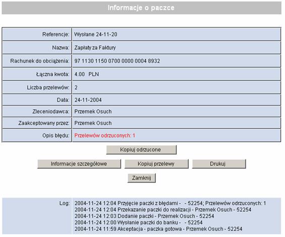 Rysunek 77 Informacje o paczce - w paczce są przelewy odrzucone Aby sprawdzić
