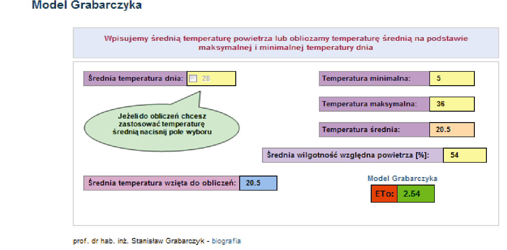 Screen capture of Calculators application software Evapotranspiration Grabarczyk model Bardzo ważną jest aplikacja Potrzeby wodne roślin (rys.