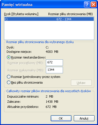 Pamiięć wiirtualna Dostosować ręcznie rozmiar pliku pamięci wirtualnej (Zasada jest taka: Rozmiar pamięci wirtualnej powinien odpowiadać 1.