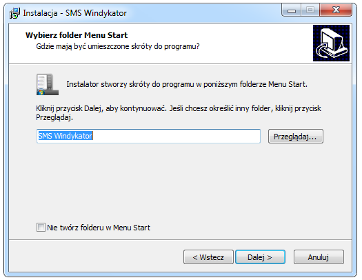 4 W następnym oknie instalator pozwala na wybór skrótu do programu w Menu Start.