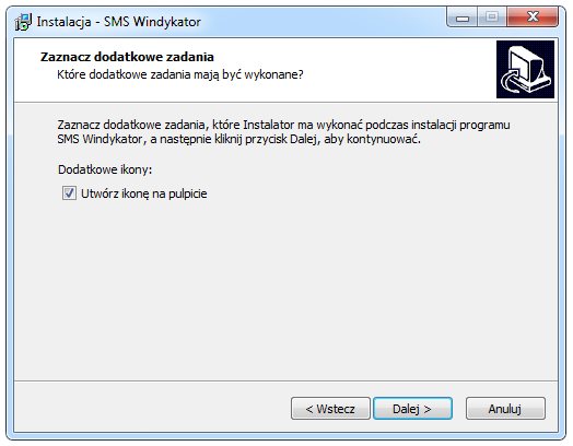 5 W kolejnym oknie instalator tworzy ikonę skrótu do programu SMS Windykator na pulpicie Twojego komputera.