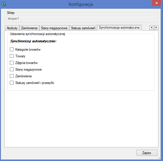 12.Konfiguracja synchronizacji automatycznej Wybieramy opcje jakie mają być synchronizowane między sklepem Shoper, a ERP Optima.