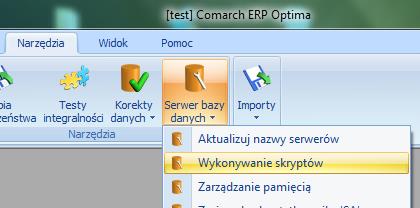 W tym celu przechodzimy do zakładki Narzędzia i z rozwijanego menu pod przyciskiem Serwer bazy danych wybieramy opcję Wykonywanie skryptów.