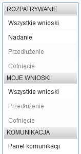 7 Lista operacji w lewym panelu zawiera następujące sekcje: Sekcja zawiera opcje i widoki dostępne dla organów upoważniających.