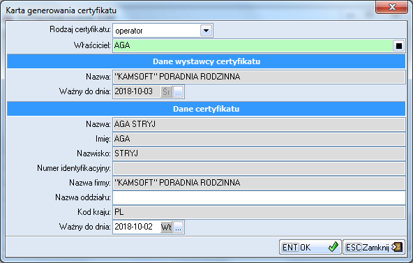 Po utworzeniu certyfikatów, w oknie konfiguracji EDM, pojawia się drzewo zależności utworzonych certyfikatów wraz z datami ich ważności (rys.18)