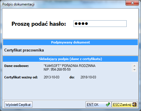 W kolejnym kroku potwierdzamy nowy certyfikat hasłem certyfikatu podmiotu wystawiającego (rys.20)