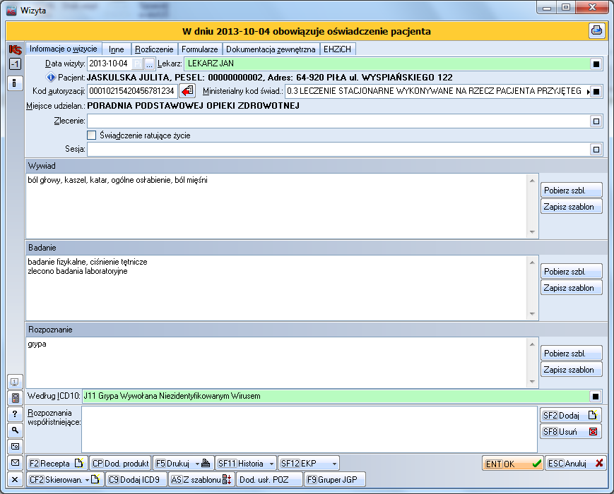 Rys.37. Zapis obsłużonej wizyty 4.2. Generowanie dokumentu historii zdrowia i choroby pacjenta Wynikiem zatwierdzenia ( [ENT] OK ) zapisu przebiegu wizyty (rys.
