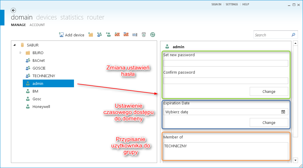 Program umożliwia dodawanie nowych użytkowników i modyfikowanie ich parametrów. Możemy m.in. zmienić hasło istniejącego użytkownika lub zdefiniować czasowy dostęp do zasobów domeny: 3.6.