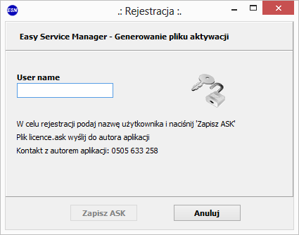 Po pomyślnym przetestowaniu połączenia w przypadku licencji przypisanej do komputera zostanie wyświetlone okno rejestracji. W przypadku klucza sprzętowego nie ma tego okna.