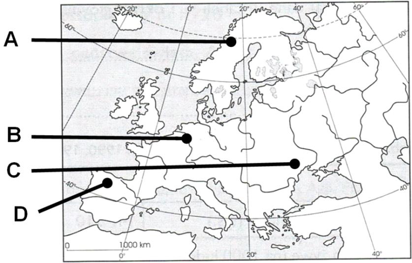 Zadanie 15. 0 2 p. Na mapie Europy literami A D oznaczono cztery obszary. Zaznacz obszar o największej gęstości zaludnienia.