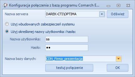 Następnie zostanie wyświetlone okienko, w którym należy wpisać dane do bazy Comarch ERP Optima: Nazwa serwera serwer, na którym znajduje się baza danych.